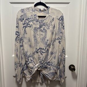 Free People Cream and Blue Floral Top